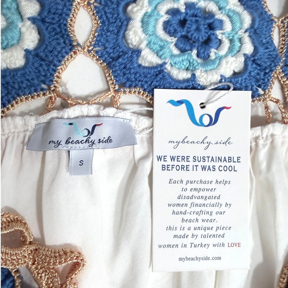 My Beachy Side Dress Zelda Crochet Mini Ivory Blue Womens Small NWT - Picture 3 of 14